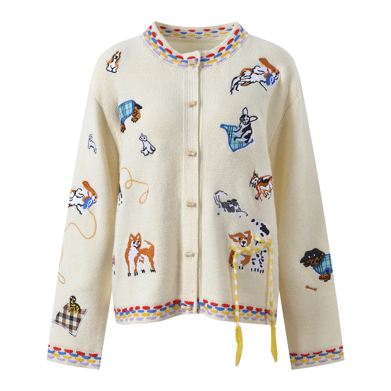 

Ele European Sle вязаный круглый открытый кардиган женский топ с вышивкой в виде собачки милый ленивый моон осень-зима