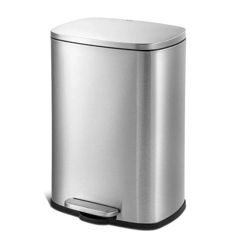 Fingerprint-resistant soft-lid trash bin, heavy-duty handle-free stainless steel commercial kitchen step trash bin