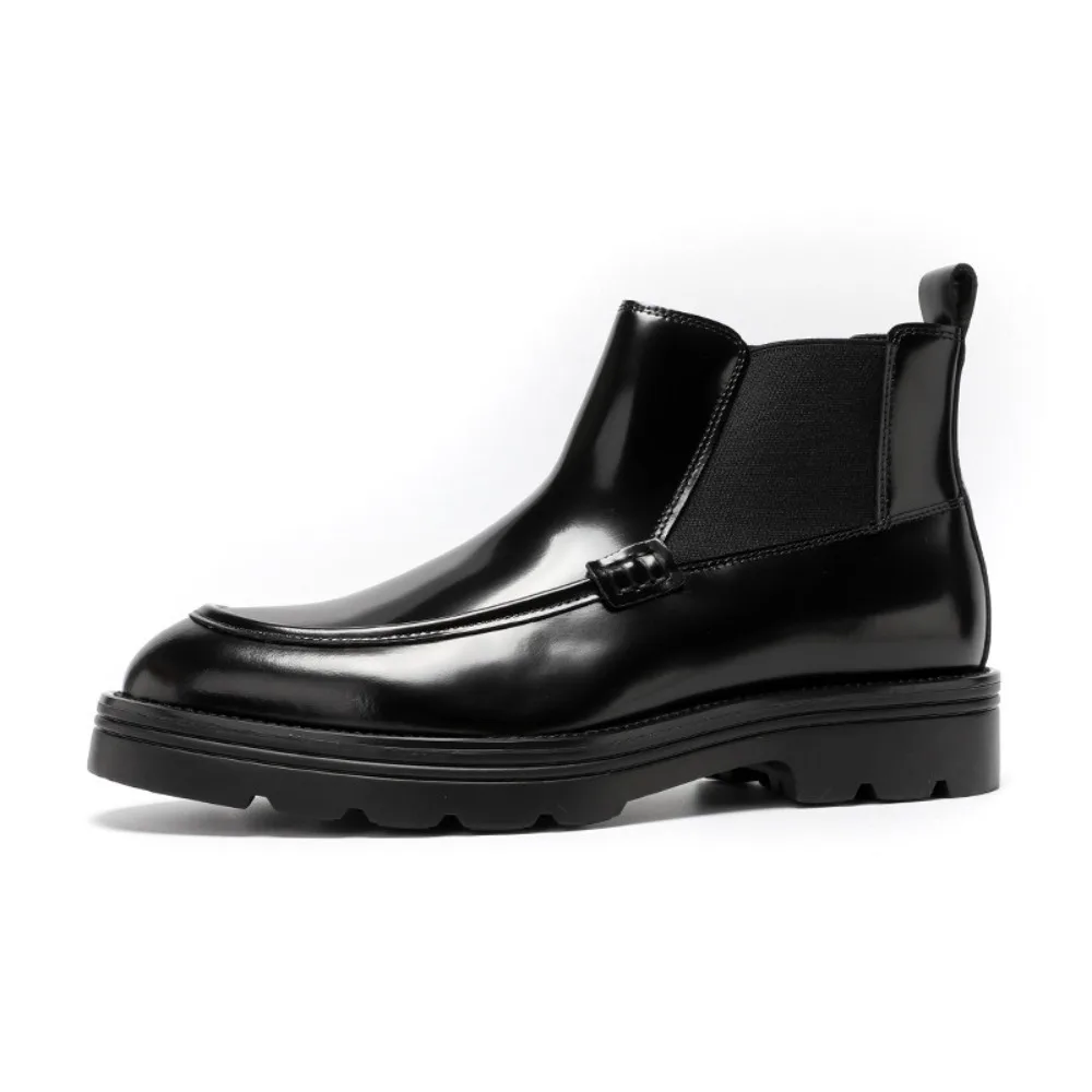 Mens Premium Top Layer Cowhide Leather Boots British Style Casual Thick Sole Patent Leather Short Ankle Boots