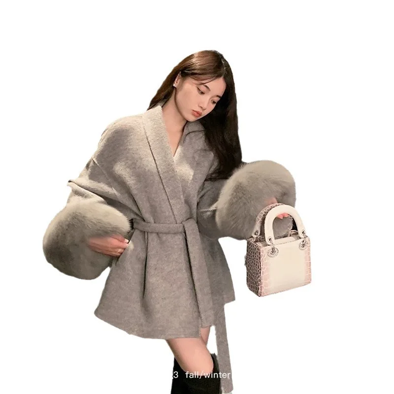 Double-Sided Cashmere Coat for Women, Fox Fur, Fur, Woolen Jacket, Luxury Overcoat, High Quality, Autumn and Winter, New, 2024