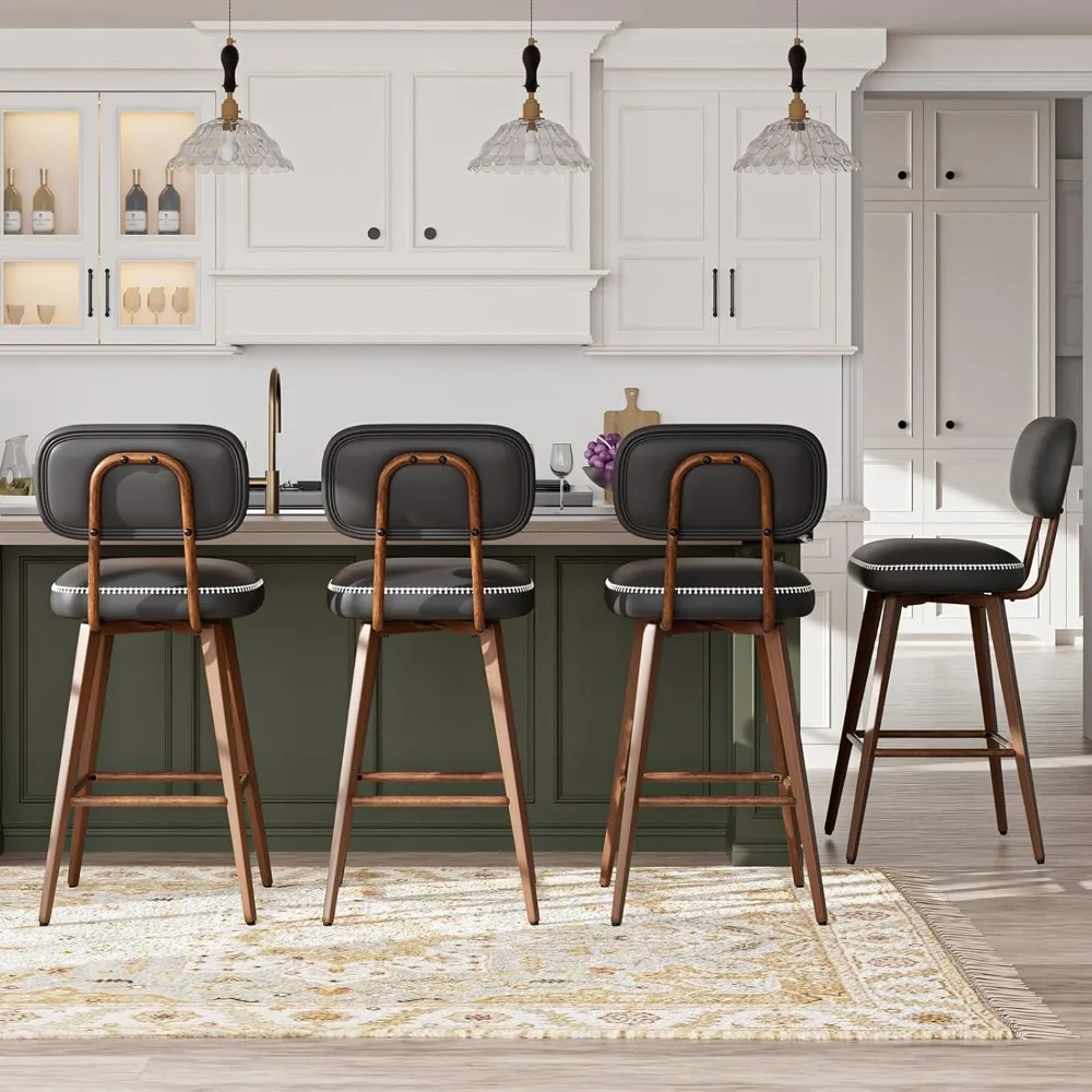 

Bar Stool Set of 4, Mid Century PU Leather Counter Height Bar Chairs with Low Back and Metal Legs for Kitchen Island, Bar Stools