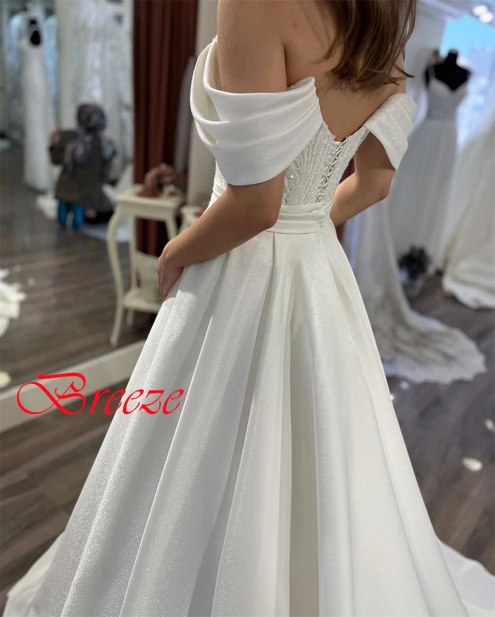 Personalizado sexy branco jérsei vestidos de casamento simples sem alças fora do ombro mangas curtas vestidos de noiva rendas até voltar vestido