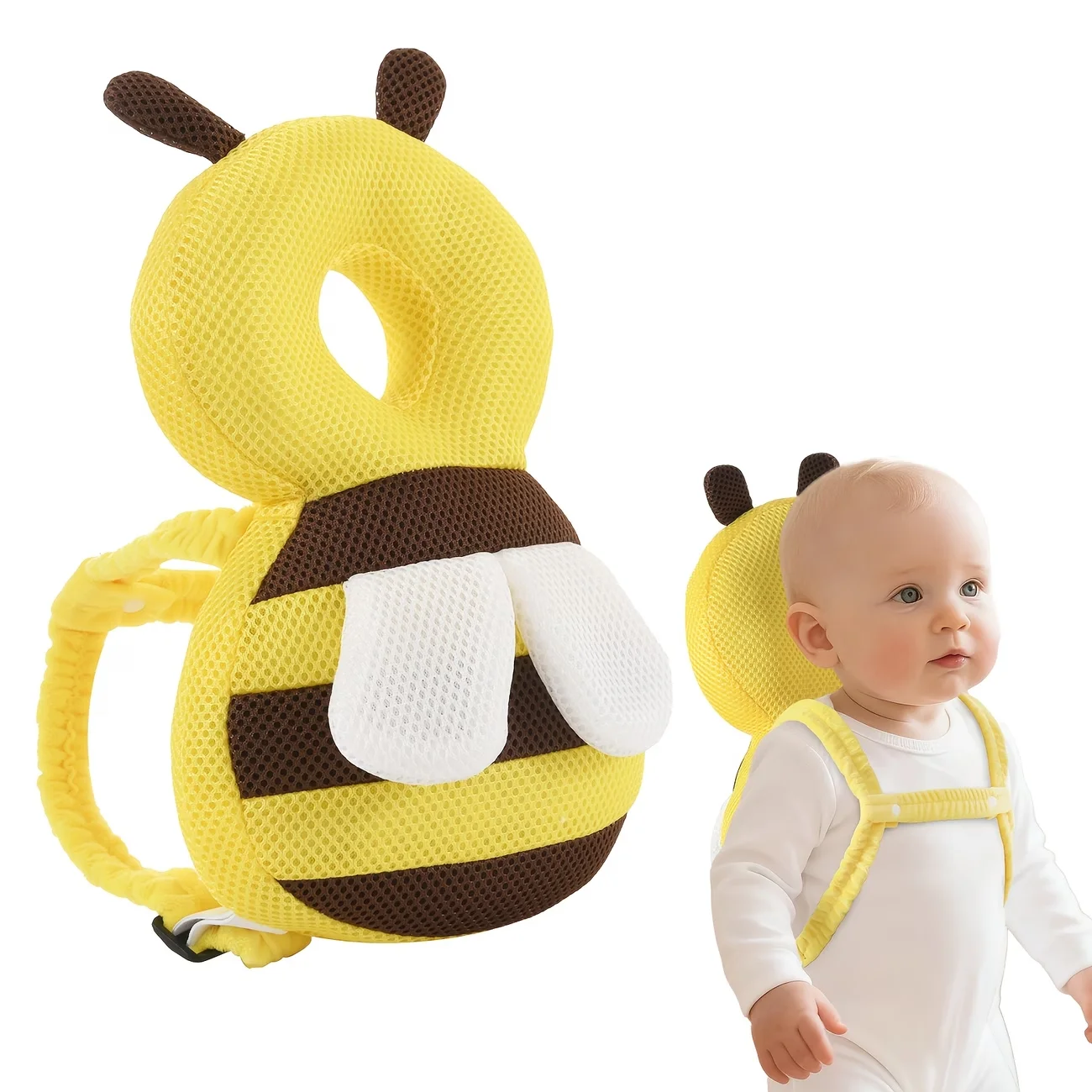 

Baby Toddler Bee-Shaped Head Protection Backpack, Soft Plush Anti-Fall Cushion For Walking Practice, Adjustable Cartoon Safety P