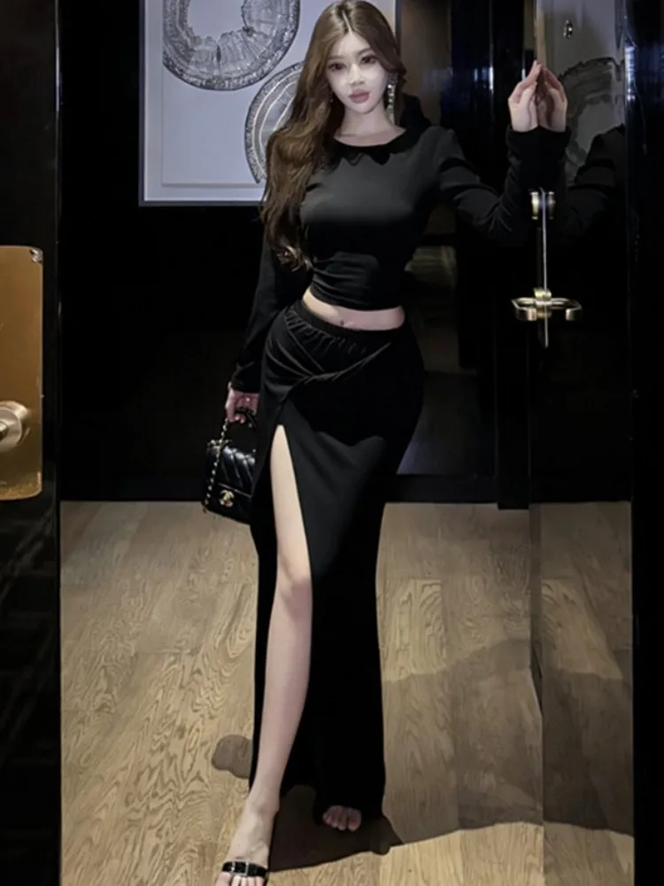 

Корейский комплект с кружевной юбкой и высокой талией для похудения, женская модная футболка и юбка, комплект из двух предметов