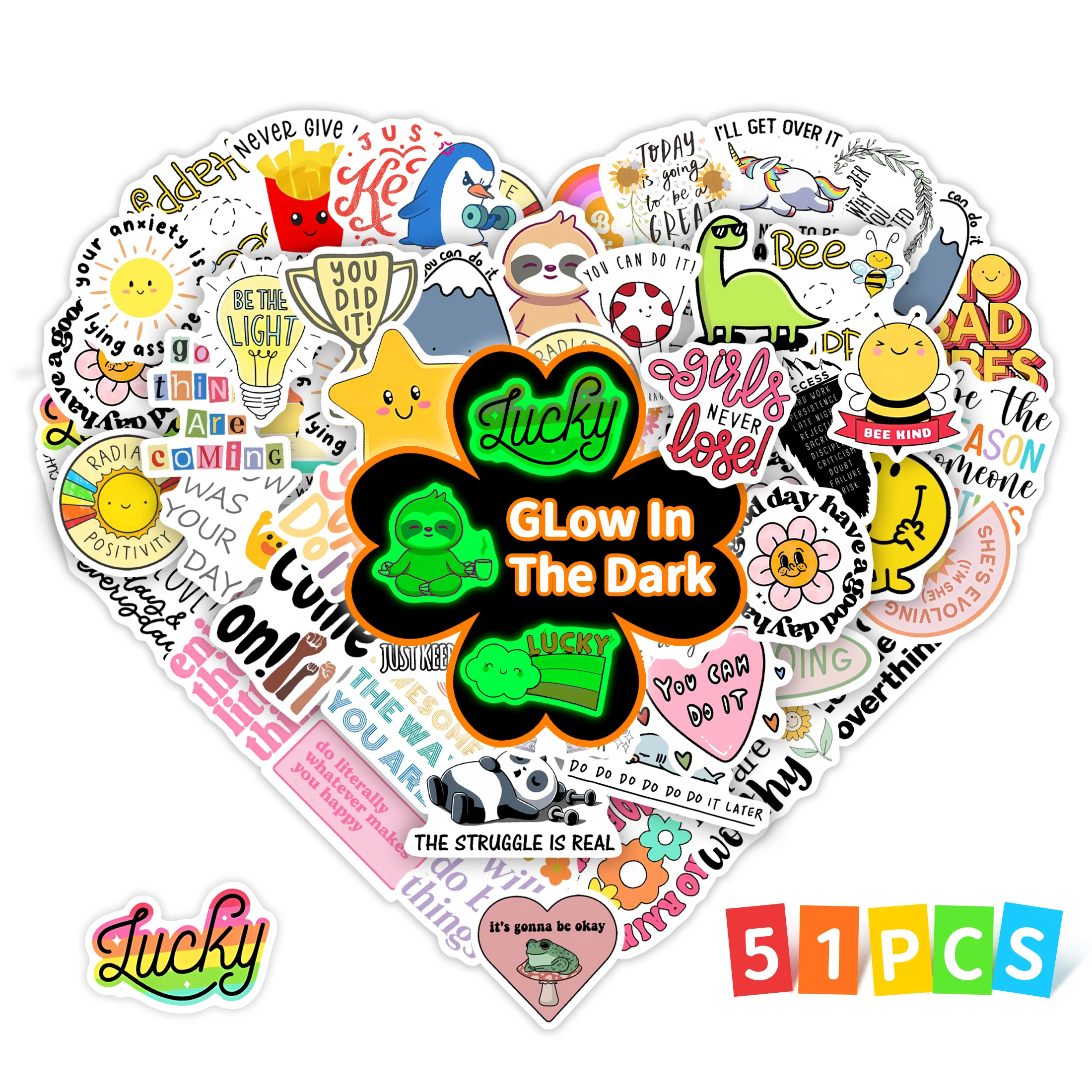 51 قطعة من ملصقات Lucky Glow in the Dark المقاومة للماء من الفينيل وزجاجة مياه لتزيين كتب الكمبيوتر للأطفال والمراهقين لعبة ذاتية الصنع
