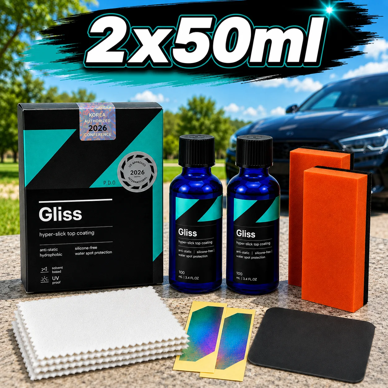 CAR CQUARTZ Gliss Original Ceramic Coating 50ml Kit for Cars Hyper Smooth Hydrophobic Nano Top-Coat with Microfiber Applicators