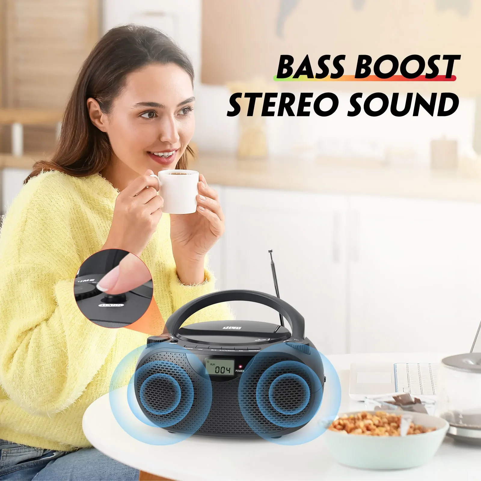 Portable CD Boombox with AM FM Radio Bluetooth and USB, Bass Boost Loud Speakers AC and DC Power