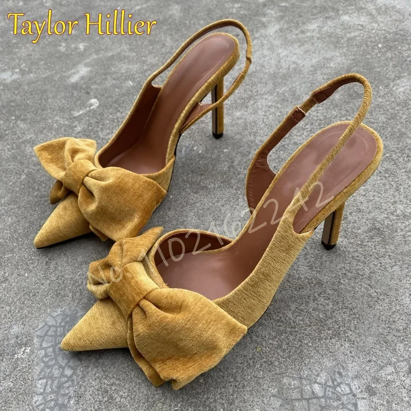 

Женские замшевые туфли-лодочки с бантом, туфли-лодочки на шпильке с ремешком сзади, модные вечерние элегантные платья, желтые туфли-лодочки, официальная обувь 41