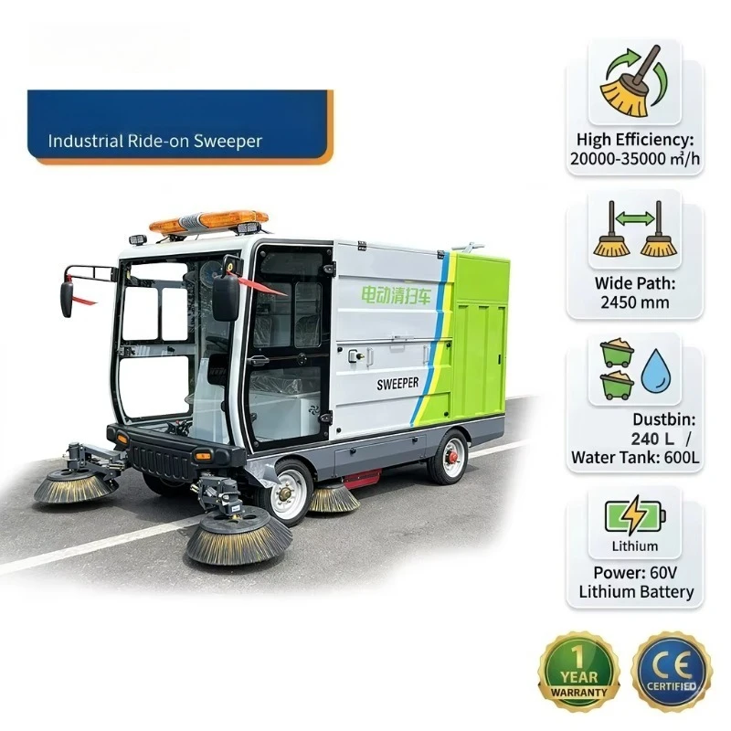 ride‑on electric road sweeper large capacity waste container ground cleaning equipment for downtown area district maintenance