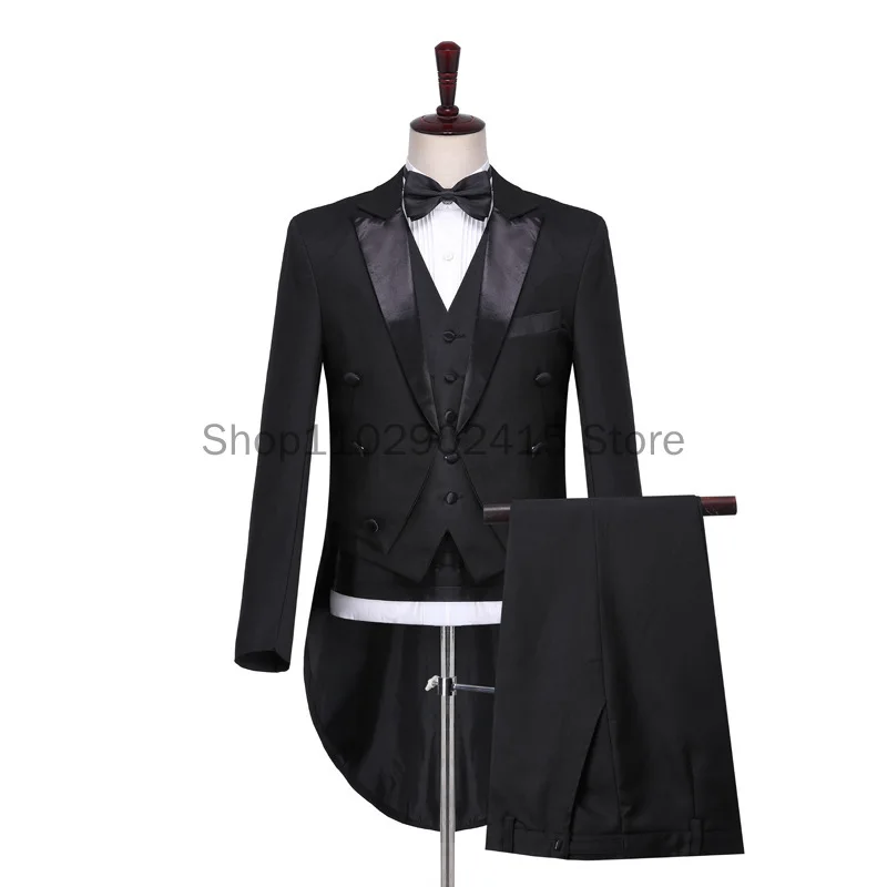 Mens Tuxedo Tails Black White Shiny Tailcoat Dress Coat Swallowtail Dinner Party Wedding Blazer Suits Jacket Magic Singer Stage