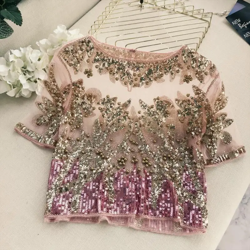 New Style Sequin round Neck See through Top Short Sleeve T Shirt Women's Fashion Beaded Transparent Design Girl's Style