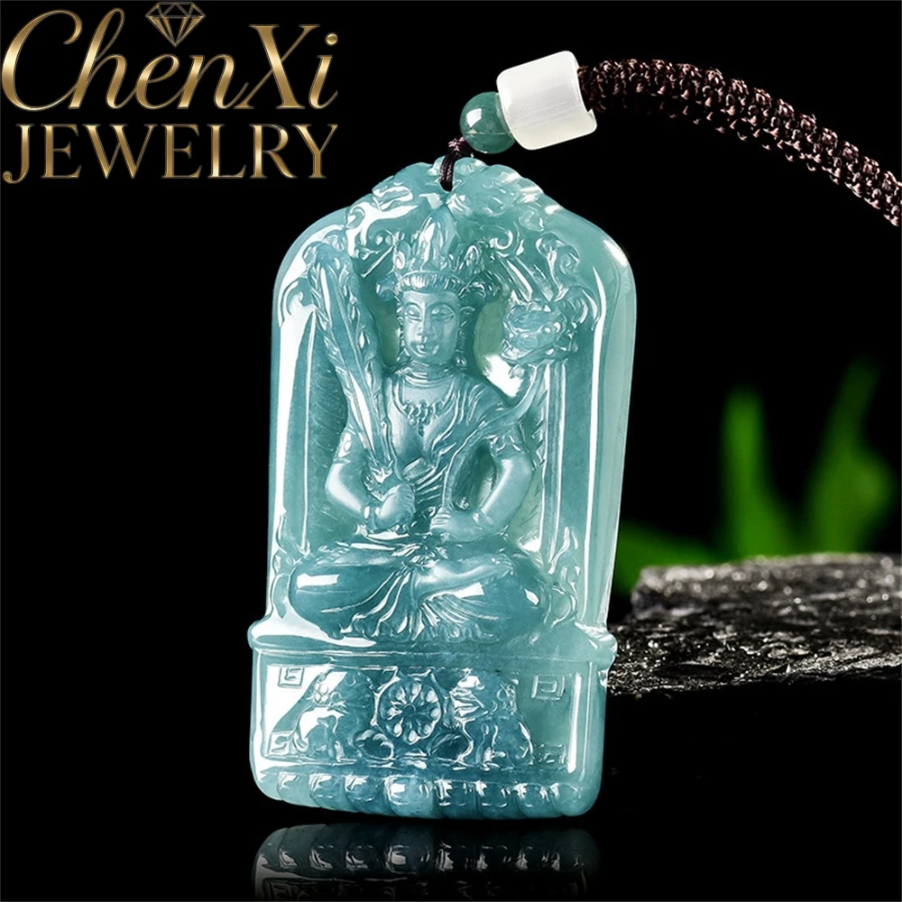 

Natural A-Grade Ice-Grade Jadeite Blue Water Wenshu Bodhisattva Pendant Zodiac Rabbit Guardian Spirit Fine Jewelry Amulet Gift
