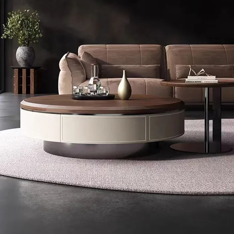 Modern Minimalist Round Coffee Table Saddle Leather Walnut Wood Corner Side Table Simple Living Room Furniture Combination
