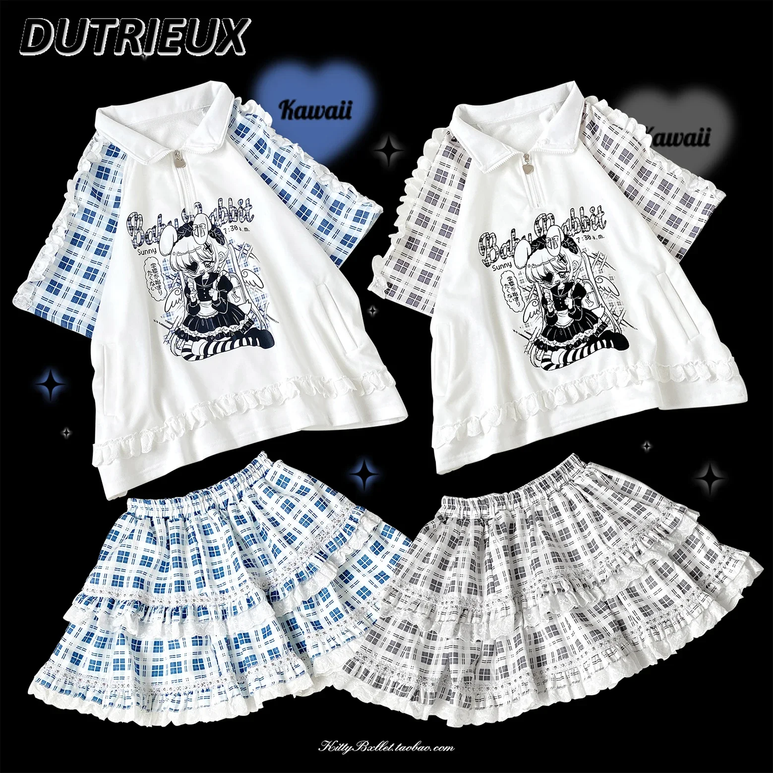 

Japanese Mine Polo Collar Original Pattern T-shirt Summer New White Short Sleeve All-Match Top Elastic Waist Short Skirt