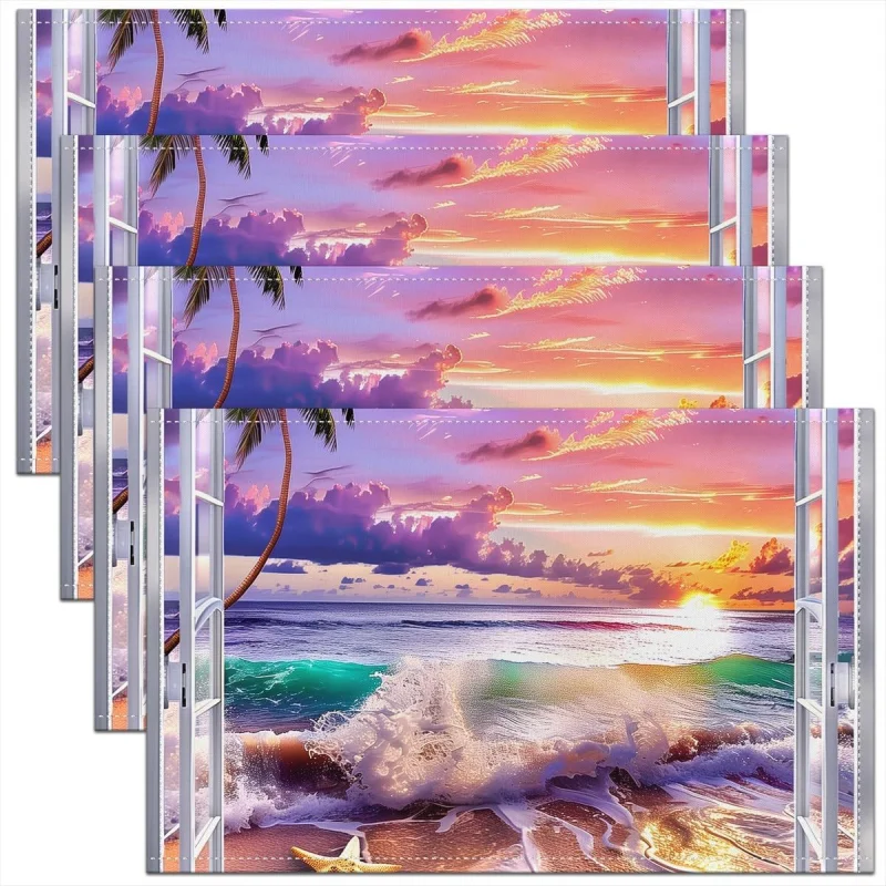 4/6/8pc Summer Hawaii Sea Beach Placemats Linen Dramatic Purple Sunset Landscape Palm Tree Table Mats Washable Dining Room
