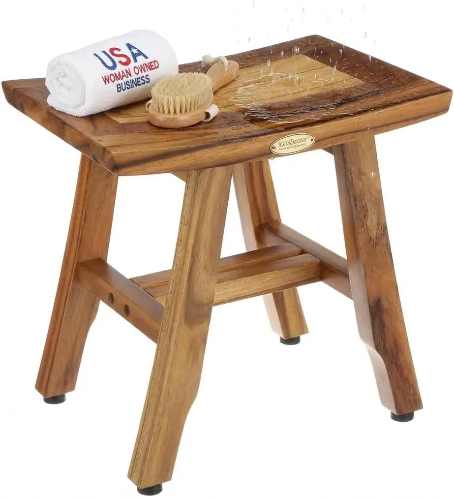 

14" Solid Teak Shower Bench, Water-Resistant Bath Stool with Adjustable Feet, EarthyTeak Finish, Indoor/Outdoor Use