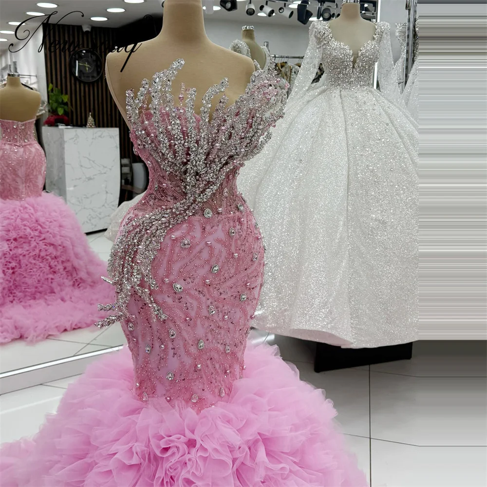 Arabic Pink Mermaid Celebrity Dresses Luxurious Tiered Skirt Wedding Party Dress Beaded Evening Dress Robes Du Soir Customized