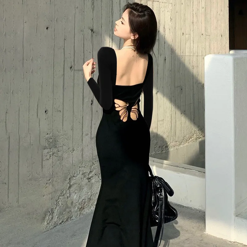 

Ele Вышитый Длинный Свек Квадратный Воротник Dr Выдалбливают Фанта-Хвост Облегающая Длинная Юбка Высокая Талия Полиэстер Fa...