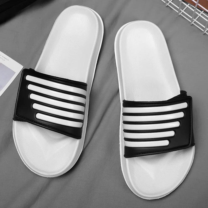 Sandals For Indoor Outdoor Walking Men Striped Open Toe Slippers Quick Dry Slides Summer Casual Soft Anti-Slip Beach Shoes