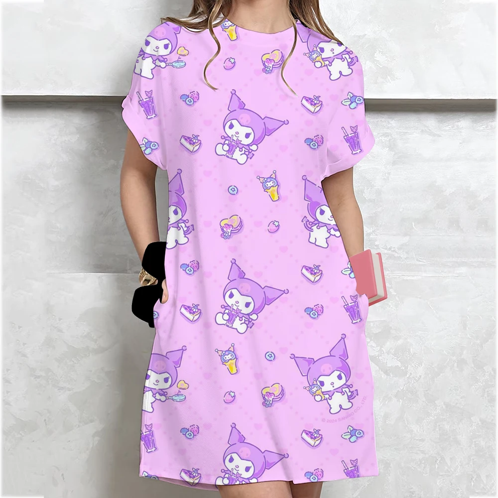 Women Casual Short Sleeve T Shirt Dress Vintage Hello Kitty print Loose Mini Dress Elegant Simple Mini Dress Streetwear Sundress