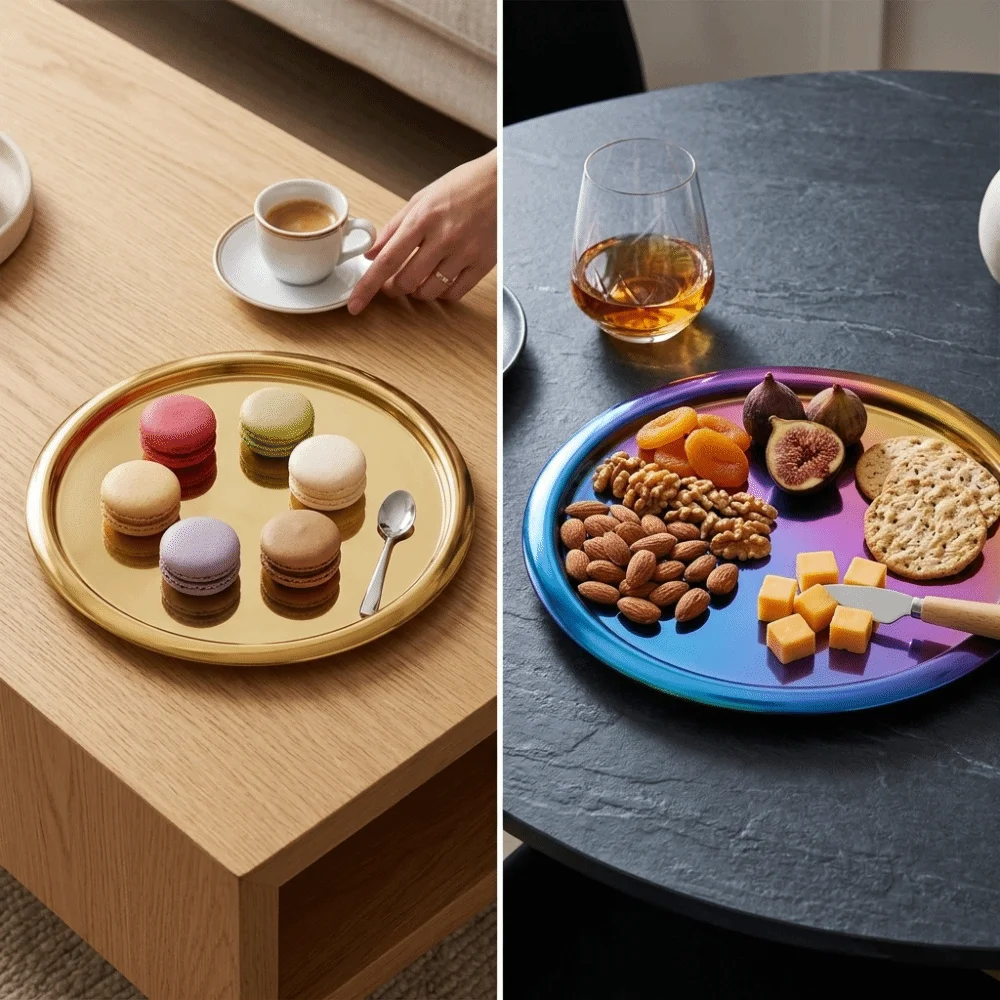 Anti Rust Round Snack Plate Polished Rustless Steel Jewelry Tray Sturdy Thickened Serving Plate Storage