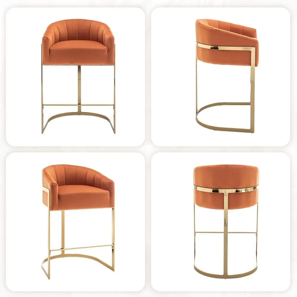 مقاعد بارتفاع مضادة مخملية ذهبية فاخرة (قطعتان) - مقاعد أسطوانية حديثة بارتفاع 27 بوصة مع ظهر مريح #6