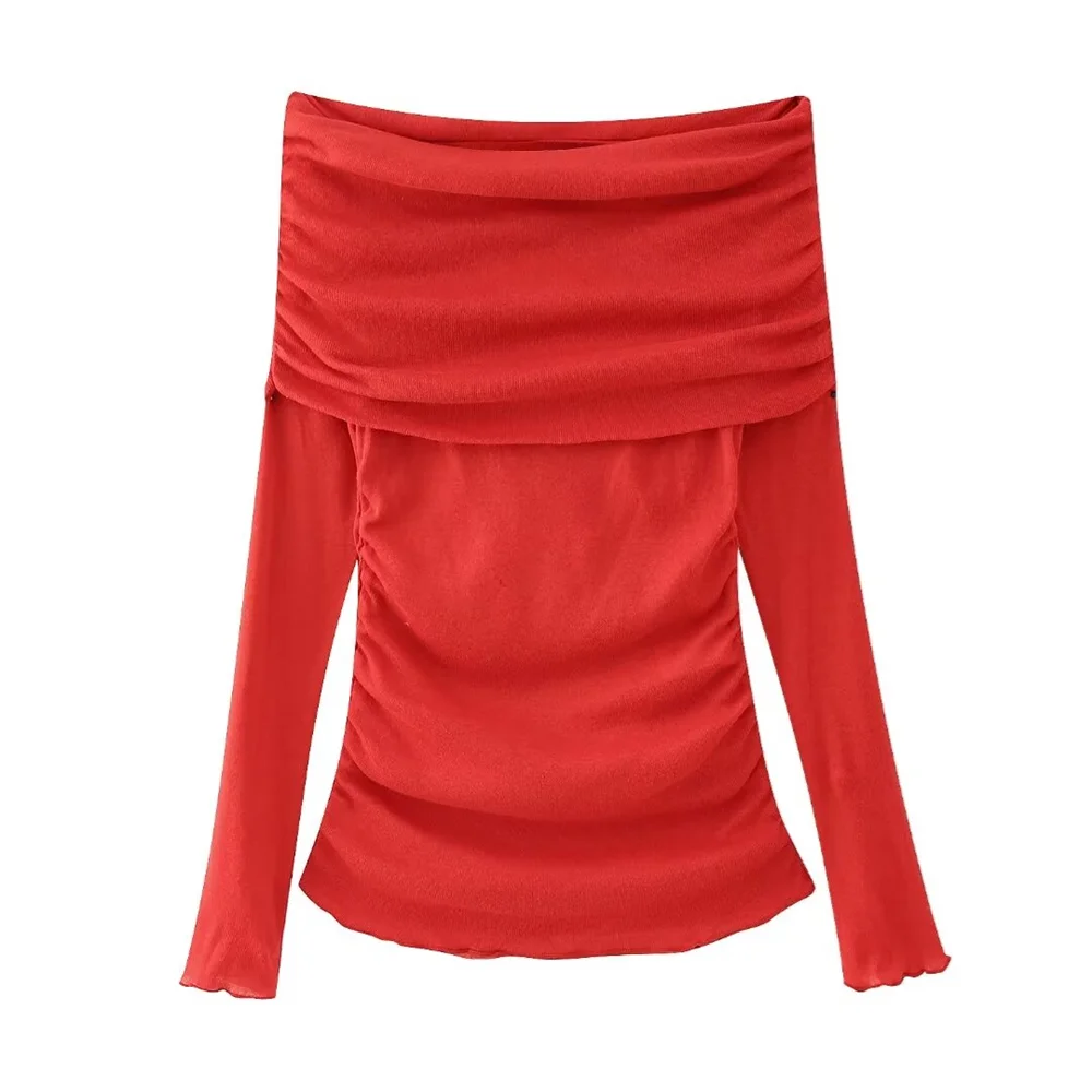 UNIZERA 2024 Spring New Slim Fit Sexy One Line Neck Folded Decoration Long Sleeve Off Shoulder Texture Bottom Shirt