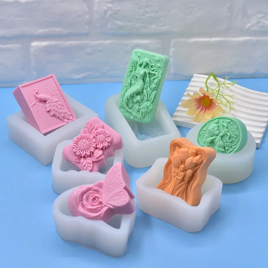 Multi-style Printed Soap Molds Flowers Peacock Butterfly Angel Mermaid Girl Silicone Mold DIY Aromatherapy Soap Handmade Gifts