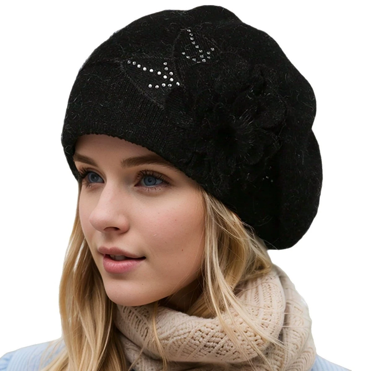 Women Autumn/Winter Knitted Warm Slouch Woolen Hat Thickened and Fleece-lined Ear-protecting Berets
