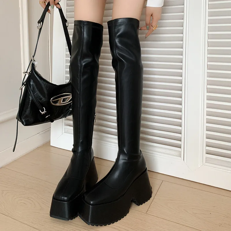 

MKKHOU Fashion Over Knee Boots Women New High Quality Genuine Leather Tires Thick Sole High Heel Elastic Boots Modern Calf Boots