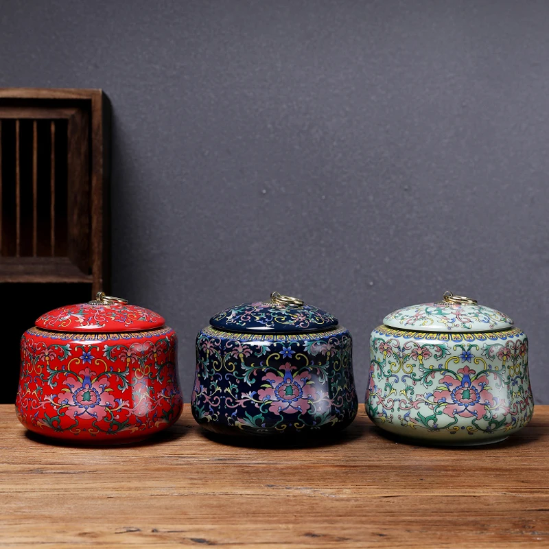 

Tea Pot Enamel Color Ceramics Chinese Retro National Style Sealed Pot Kung Fu Tea Set Black Tea Pu'er Loose Tea Packaging Jar