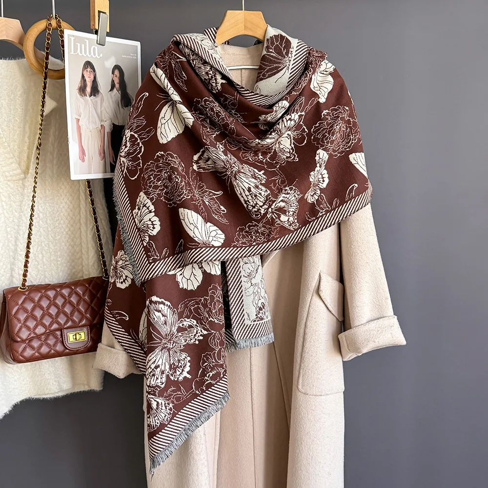 

Красивая жаккардовая шаль с бабочкой, имитирующая кашемировая шаль, большой шарф, зимний теплый шейный платок, подарок для матери, накидка, модная универсальная