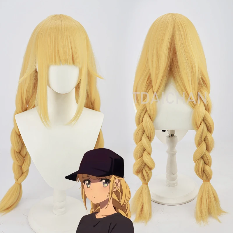 Ya Jongen Kongming! Tsukimi Eiko Cosplay Kostuum Pruik Vrouwen Gouden Dubbele Gevlochten Lange Haar Schattig Meisje Pruik 85Cm Zwarte Hoed Cap