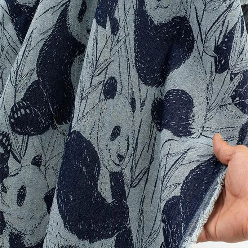 Good Chinese Style Panda Jacquard Washed Denim Cotton Fabric Meter Twill Denim Fabric Sewing Material DIY Dress/Jeans/Clothing