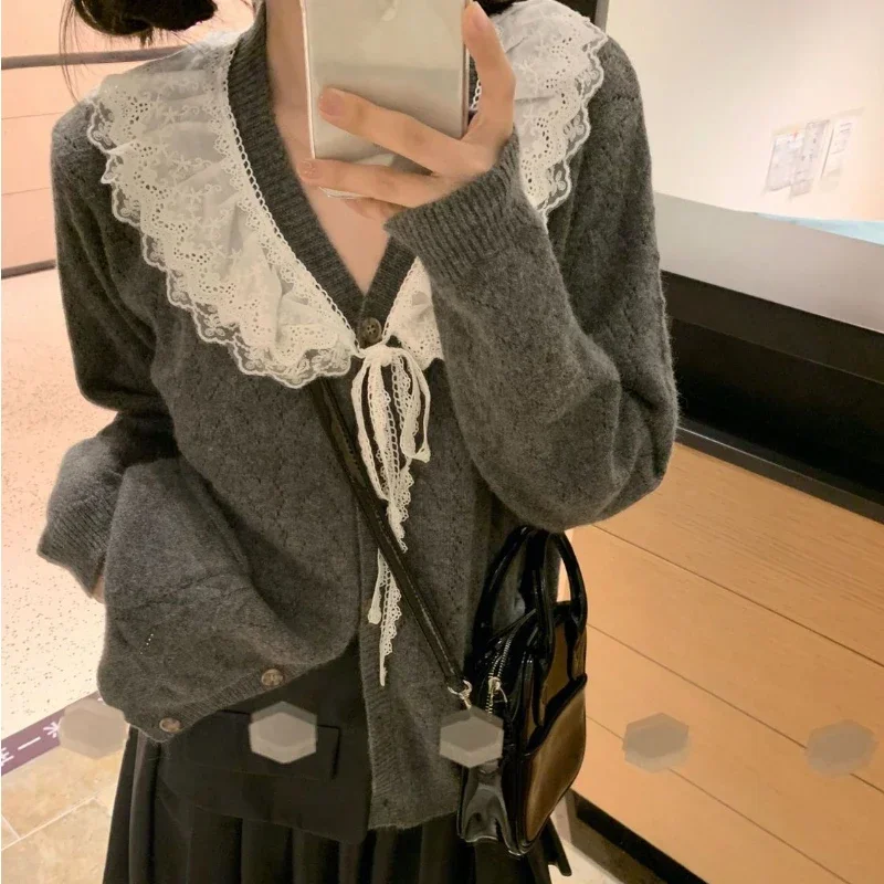 Deeptown Kawaii Cardigan Korean Style Sweet Sweater Lace Knited Tops Grey Cutecore Cardigan Sweaters Autumn Winter Aesthetics