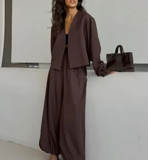 

Autumn New Solid Color V-Neck Long Sleeved Cardigan and High Waisted Wide Leg Ankle Pants Set, Women's Personalized Set
