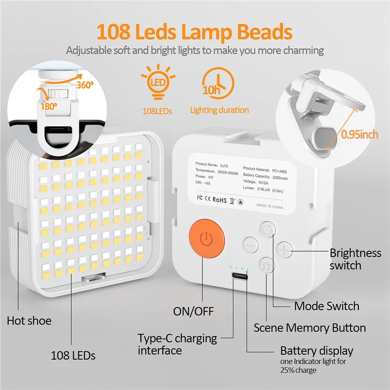 Luz de Selfie para teléfono iPhone, Clip de luz de cámara, 2000mAh, LED portátil, perfecto para fotos, grabación de vídeo, Zoom, regalos Tiktok