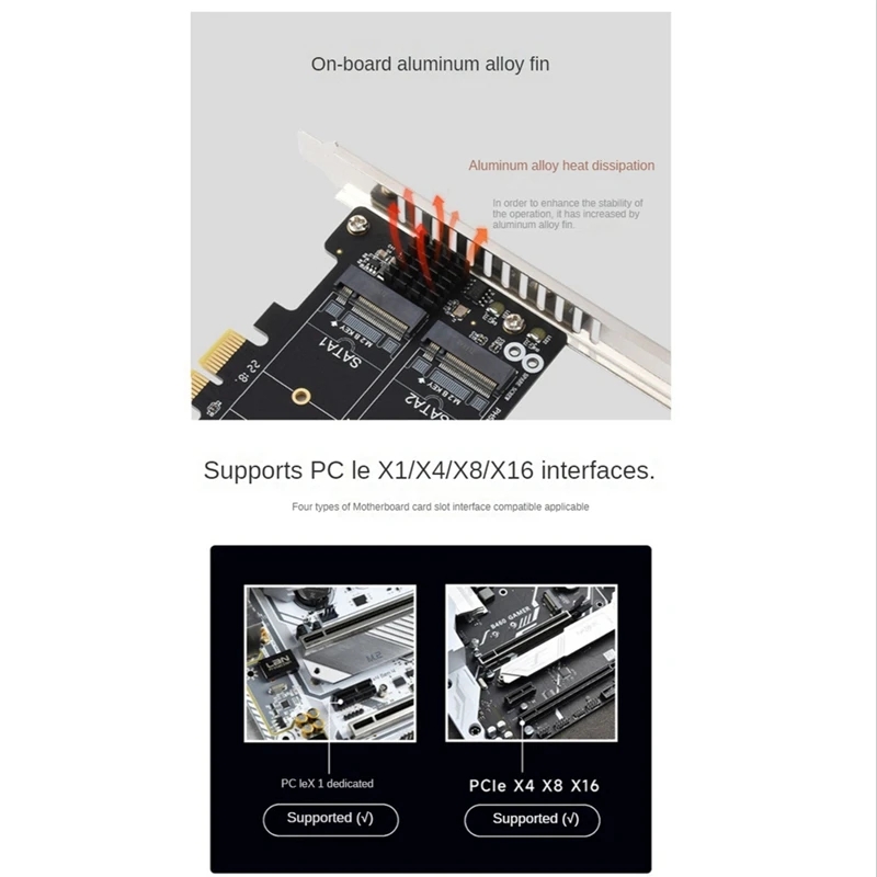 Pcie X1 To M.2 SATA Adapter Expansion Card 6Gbps 2-Port JM582 Master Chip With Metal Heat Sink Support Pcie X1/X4/X8/X16