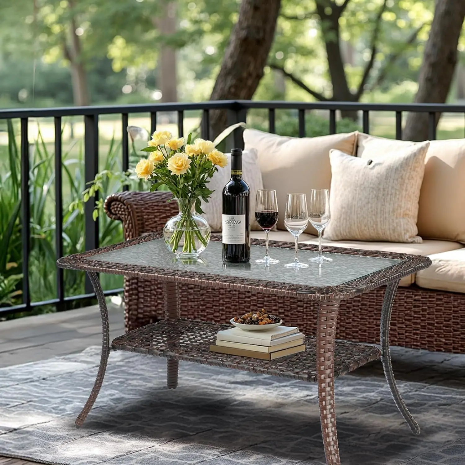 Outdoor Coffee Table With Storage Wicker Patio Coffee Table, Tempered Glass Top Coffee Table For Patio Outside Balcony Porch Dec