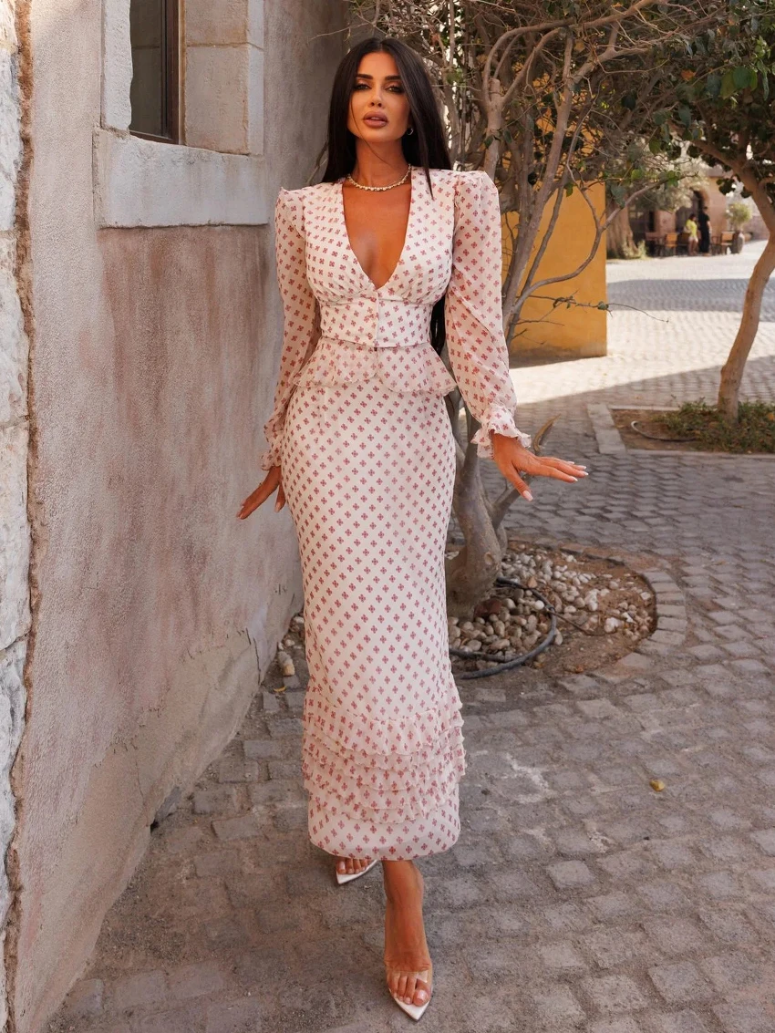 

Marthaqiqi Autumn Ladies Pajamas Suit Crop Top Nightie Long Sleeve Sleepwear V-Neck Nightgowns Long Skirts Fashion Nightwear Set