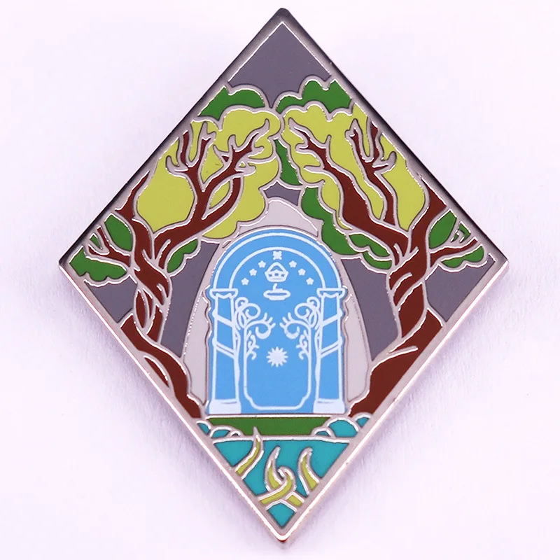 Ancient Fantasy Stone Arch Hard Enamel Lapel Pin Vintage Elf Dwarf Carved Gate Brooch Fashion Accessory Gift