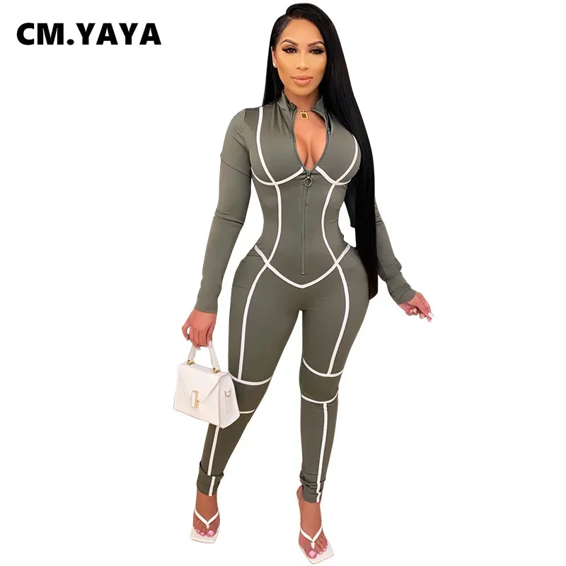 CMYAYA Streetwear Striped Patchwork Long Sleeve Zipper Jumpsuit Women Active Moto Biker Bodycon Romper One Piece Overalls