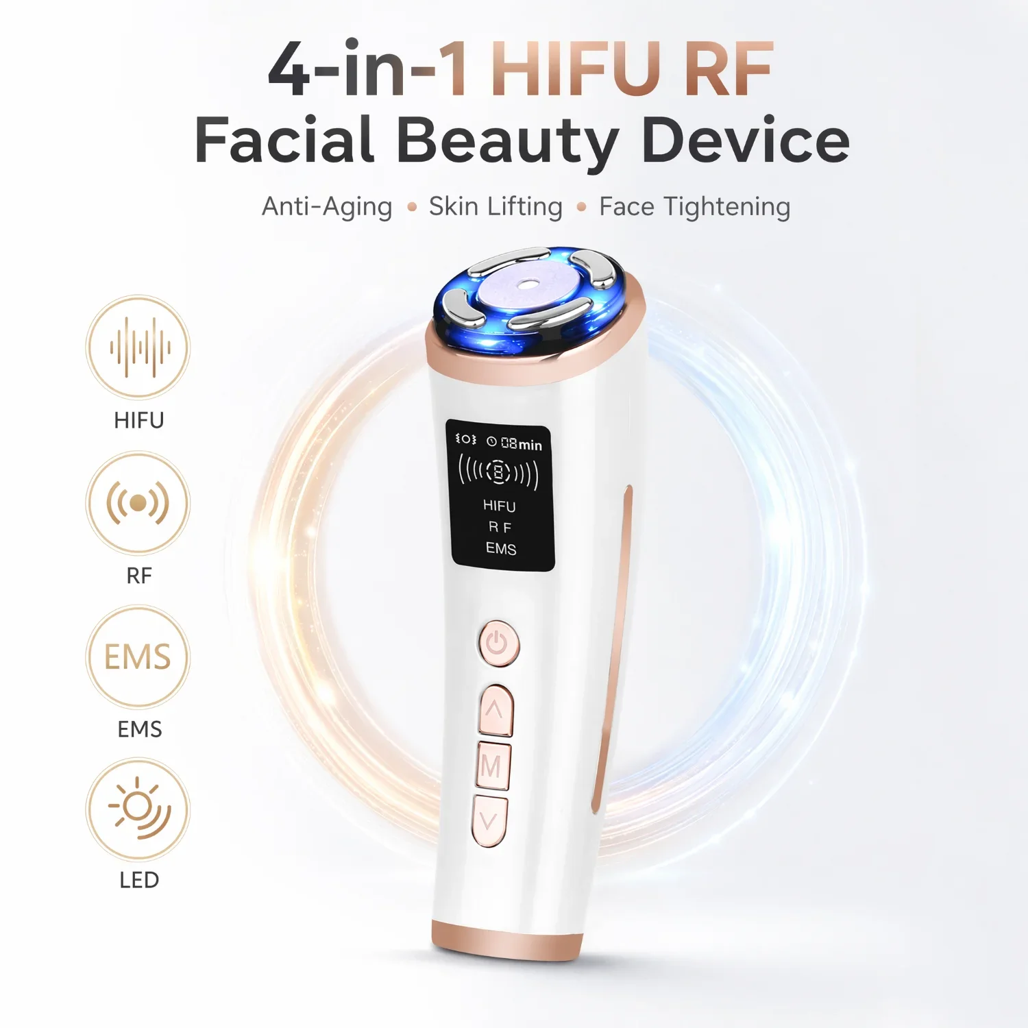 Многофункциональный аппарат для ухода за кожей 4-в-1: HIFU, RF, EMS, LED-терапия. Лифтинг лица, подтяжка кожи, массажер против морщин для домашнего использования.