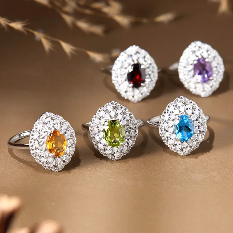 Natural amethyst citrine olivine garnet topaz emerald colored treasure ring women's s925 silver live broadcast explosion