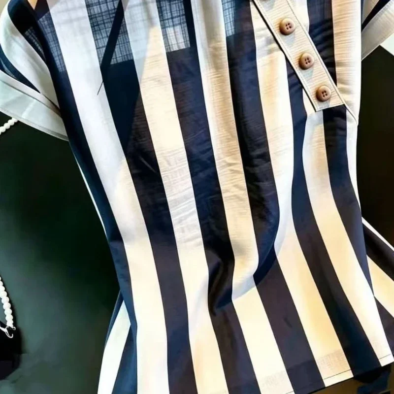 Customization Short Sleeve Button Patchwork Contrast Striped Vintage Shirt Tops Summer All-match Elegant Blouse Office Fashion view 3