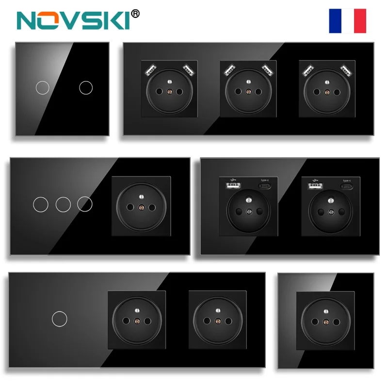 NOVSKI Touch Light Switch France Sockets USB C Phone Charge Crystal Glass 1/2/3Gang Wall Switches Double Sockets Black