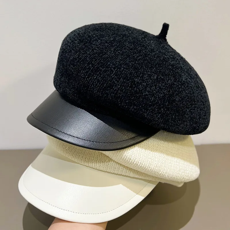 Snowy Neil Beanie Newsboy Hut Damen im koreanischen Stil Vintage Retro Mehrzweck-Lederhut Krempe