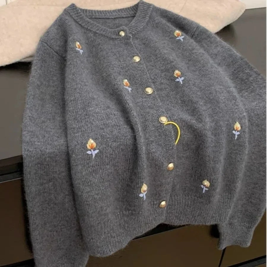 Korean Ladies Round Neck Knitted Cardigan 2025 Femme Long Sleeves Embroidery Sweater Coat Autumn Women Fashion Knit Jacket Tops - Image 6