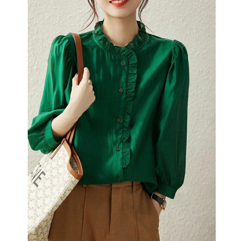 Women Korean Fashion Ruffle Button Shirts Elegant Chic Stand Collar 3/4 Sleeve Blouse Vintage Solid Loose Tops Blusas Mujer 2024