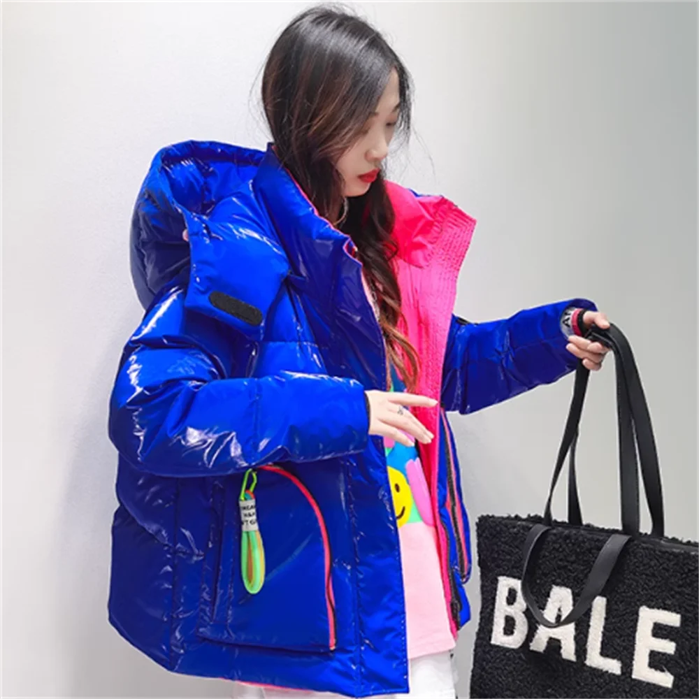 Blue letter loose spliced down jacket women\'s short winter new fashion hooded coat